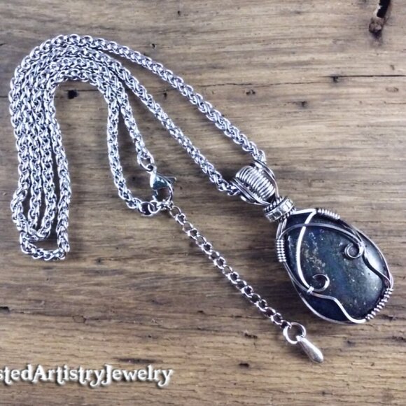 Blue Jasper Lotus Wire Wrapped Pendant Necklace - Picture 2 of 4